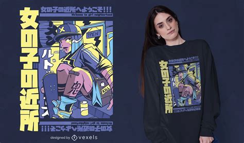 Urban Anime Girl T Shirt Design Vector Download
