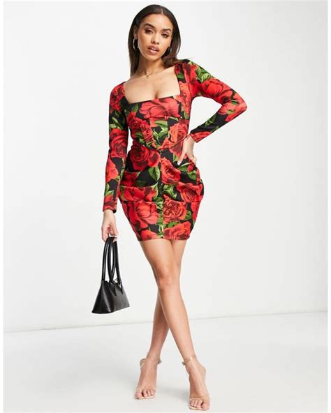 Asos Square Neck Corset Long Sleeve Side Ruched Mini Dress In Red Lyst