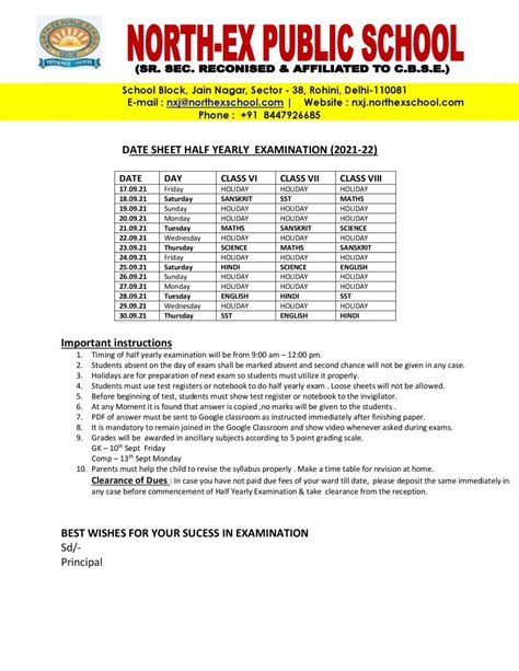 Date Sheet Half Yearly Exam Class 6 To 8 2021 22 Senior Branch Sector