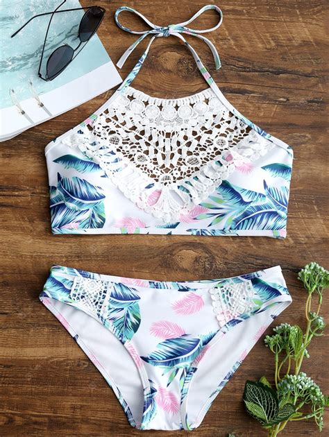 only 16 07，buy lace appliques leaves print bikini set at gearbest store with free shipping