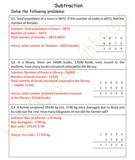 Grade 2 subtraction worksheets including one, two and three digit subtraction, subtracting whole tens, missing minuends, and regrouping. Maths - Class 4: Subtraction Word Problems Worksheet 5 ...