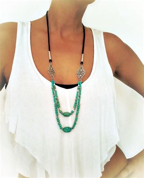 Multi Strand Turquoise Necklace Bohemian Turquoise Necklace Leather