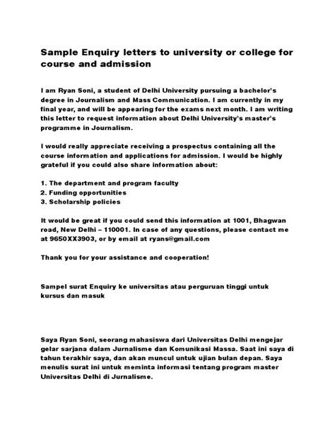 Sample Enquiry Letters To University Or College For Course And