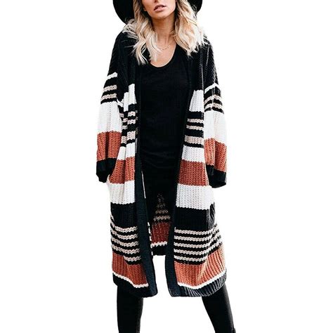 Womens Color Block Striped Long Cardigans Coat Loose Open Front Knit