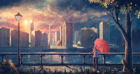 Anime Girl Cityscape Umbrella Trees Hd Anime 4k