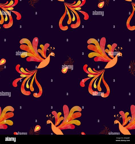 Seamless Fairy Firebird Pattern Vector Background With Watercolor