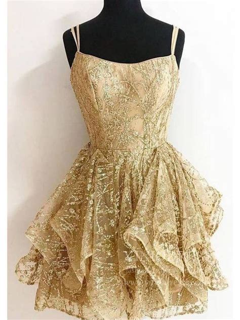 Homecoming Dresses Spaghetti Strap Sparkly Gold Homecoming Dresses