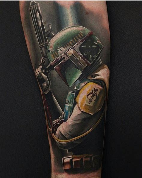 A Mans Leg With A Star Wars Boba Fett Tattoo On It