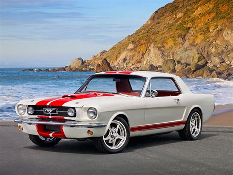 1965 Ford Mustang White With Red Stripe 34 Front View On Pavement By