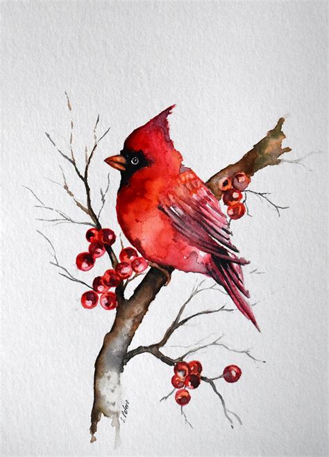 Watercolor Bird Painting Red Cardinal American State Bird Etsy Bird
