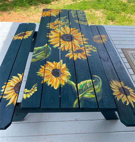 Picnic Table Painted Sunflowers In 2022 Painted Picnic Tables