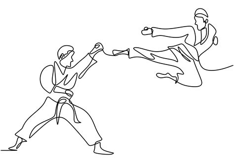 one single continuous line drawing of taekwondo and karate training two senior men practice
