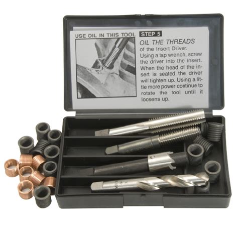 The time sert thread repair system employs a thin wall, self locking, solid bushing insert with positive placement on installation for accurate specific depths. K&L SUPPLY COMPANY - TIME-SERT THREAD REPAIR KITS