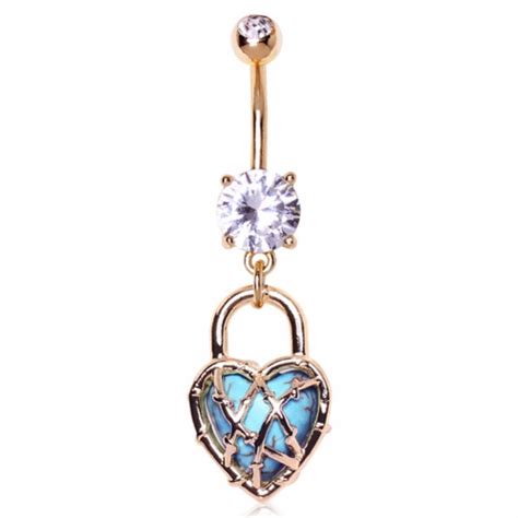 Gold Plated Cz Locked Turquoise Heart Dangle Navel Ring Belly Button