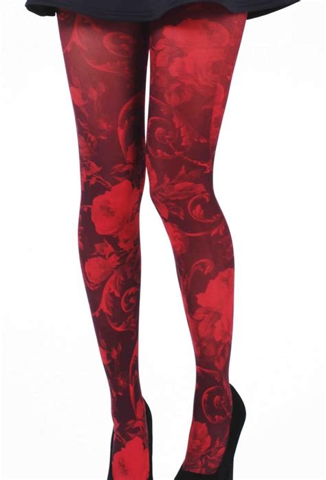 Floral Tights Pantyhose Twilight Red For Women From Small Sizes To Curvy Ladies Floral Tights