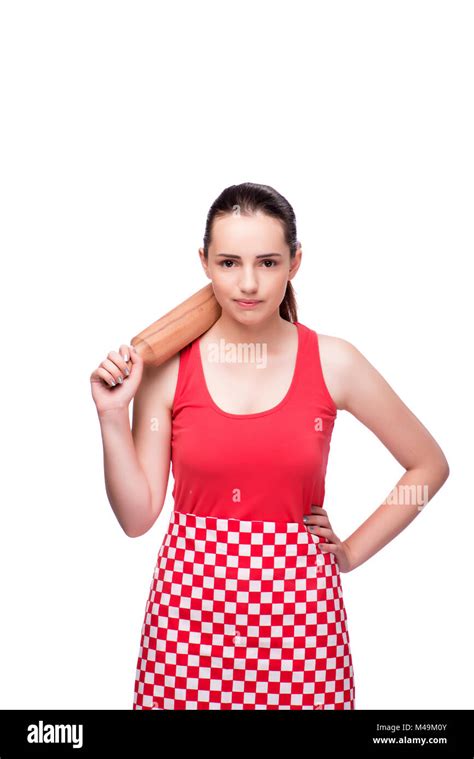 Young Angry Woman With Rolling Pin Isolated On White Stock Photo Alamy