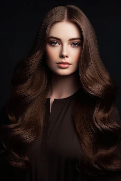 Premium Photo A Woman With Long Brown Hair And Blue Eyes Stands In Front Of A Black Background