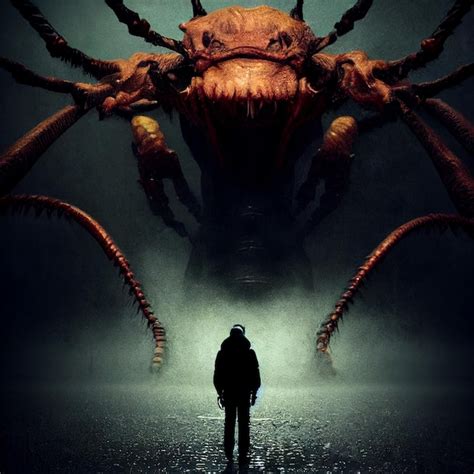 Premium Ai Image A Man In A Gas Mask Stands In Front Of A Giant Monster