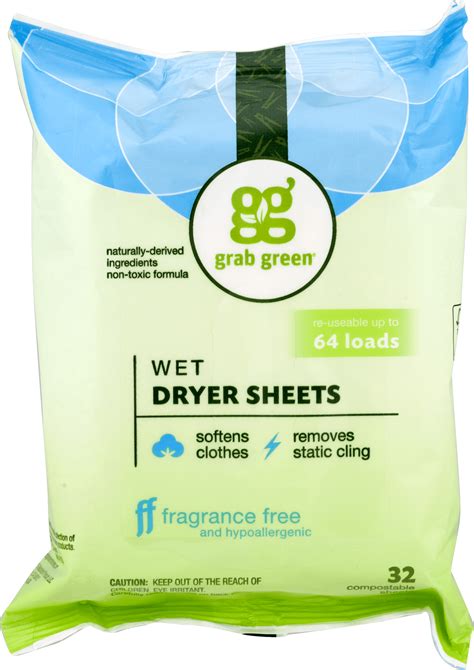 Grab Green Natural Wet Dryer Sheets Fragrance Free 32 Sheets