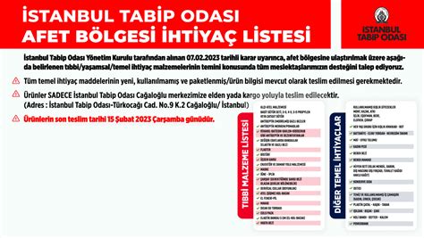 İstanbul Tabip Odası Afet Bölgesi İhtiyaç Listesi İstanbul Tabip Odası