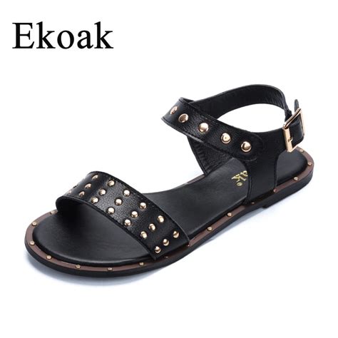 Ekoak Genuine Cow Leather Rivets Casual Women Gladiator Sandals Summer