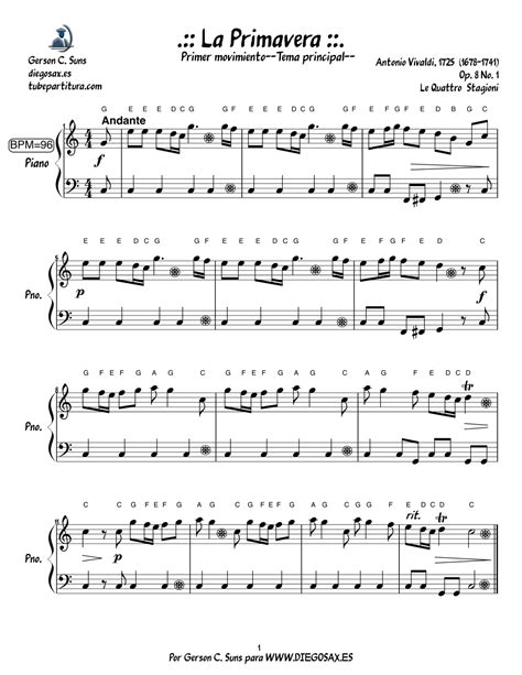 Diegosax La Primavera De Antonio Vivaldi Partitura Fácil Para Piano