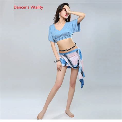 Buy New 2 Colors Short Sleeve Placketing Sexy Belly Dance Skirt 2pcs Set For