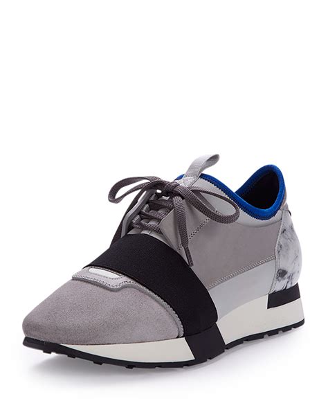 Balenciaga Mixed-Media Leather Sneaker, Gray/Blue | Neiman Marcus