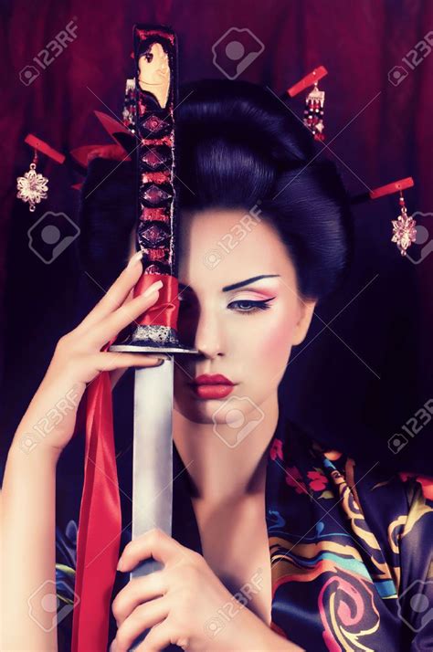 Beautiful Geisha In Kimono With Samurai Sword Female Samurai Geisha