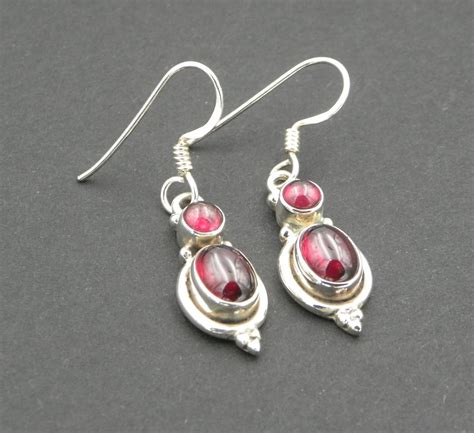Sterling Silver Garnet Earrings With Double Cabochons January Birthstone