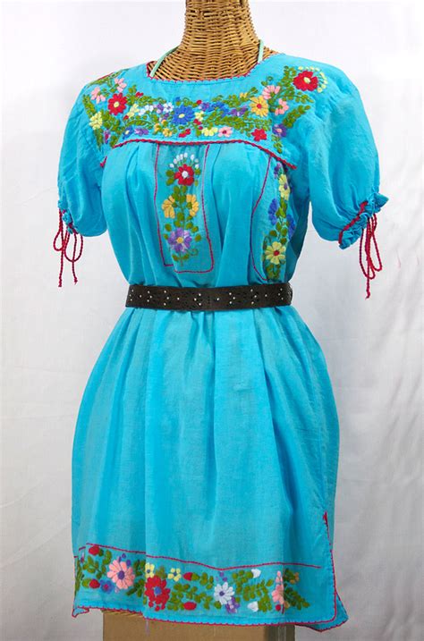 La Antigua Mexican Embroidered Peasant Dress Turquoise Red Trim