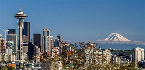 Space Needle And Mt Rainier Photograph By Rob Green