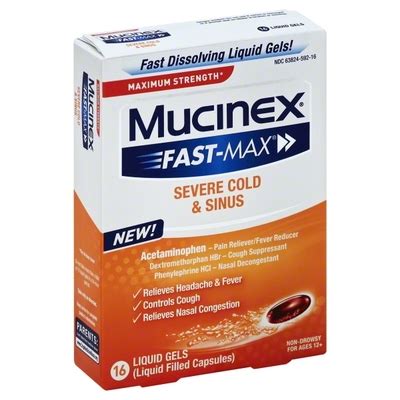 This combination medication is used to relieve coughs caused by the common cold, bronchitis, and other breathing illnesses. Mucinex - Mucinex, Fast-Max - Severe Cold & Sinus, Maximum ...