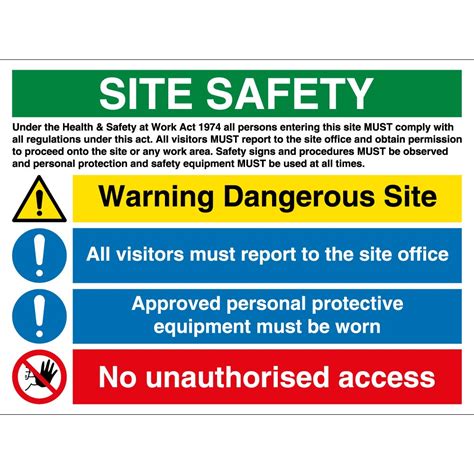 For warning signs and alarm indications, the first requirement is to alert the operator to paragraph 41 refers to the health and safety (safety signs and signals) regulations. Warning Dangerous Site Safety Signs - from Key Signs UK
