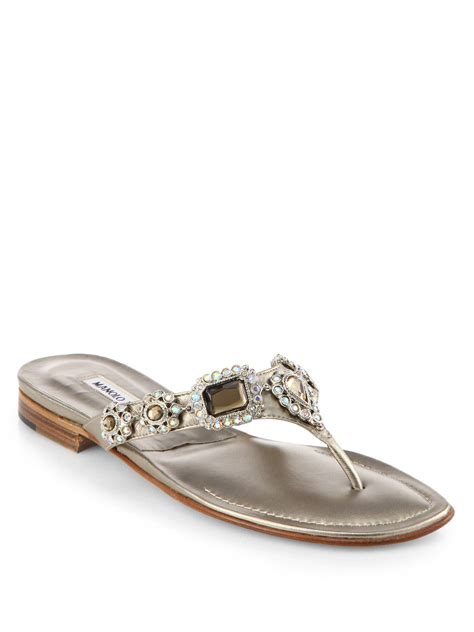 Manolo Blahnik Cesabi Jeweled Metallic Leather Thong Sandals In Silver Lyst