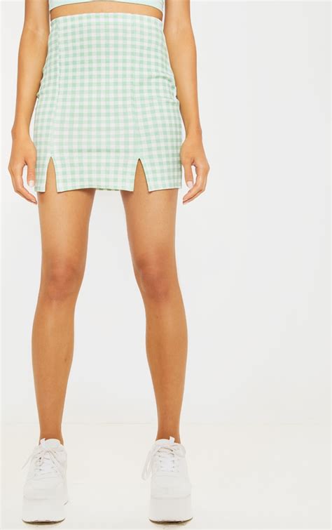 Mint Gingham Slit Front Mini Skirt Skirts Prettylittlething Ie