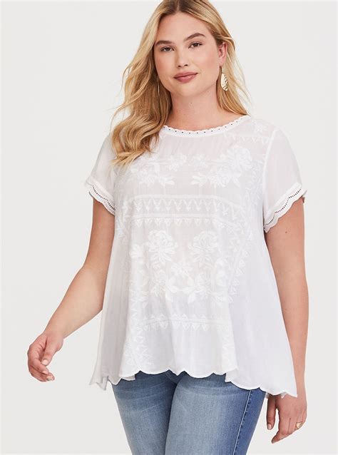 White Embroidered Challis Blouse Plus Size Shirts Plus Size Blouses