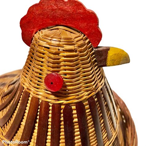 Vintage Woven Wicker Rooster Chicken Basket Removeable Lid Etsy