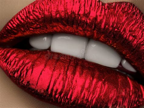 close up view of beautiful woman lips with red metallic lipstick stock image image of closeup