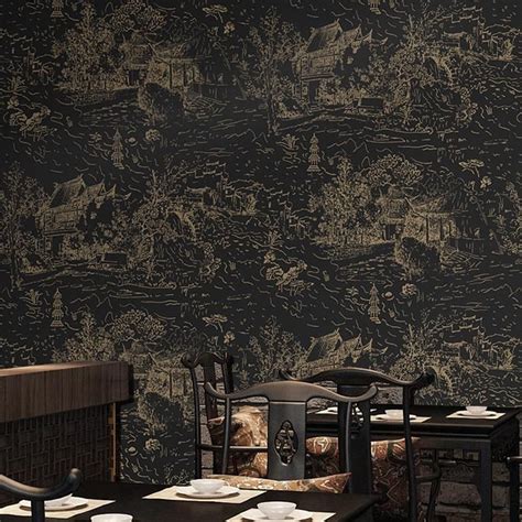Black Tone Chinoiserie Wallpaper Modern Chinese Style Wallcovering 53
