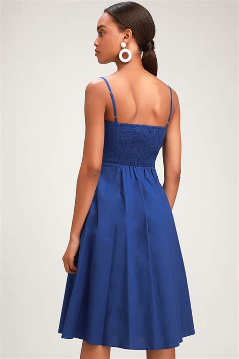 Cute Royal Blue Dress Midi Dress Button Up Midi Dress