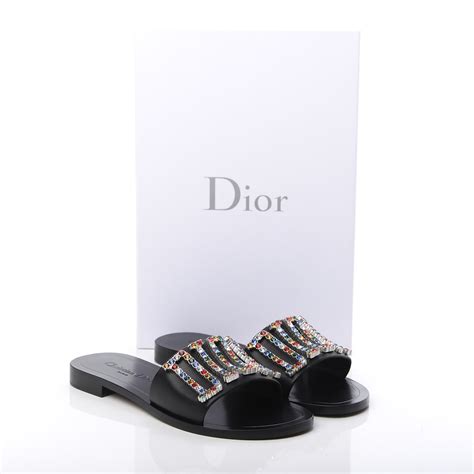 Christian Dior Calfskin Crystal Diorevolution Slide Sandals 37 Black