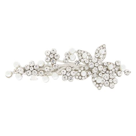 Claires Silver Imitation Crystal And Pearl Flower Barrette