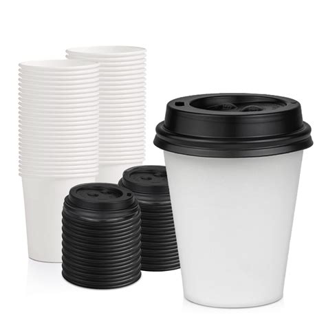 [100 Pack] 6 Oz Disposable White Paper Cups With Black Lids On The Go Hot And Cold Beverage All