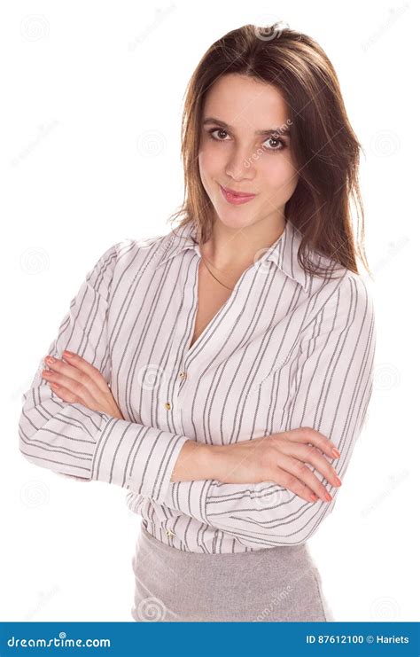 Young Pretty Businesswoman With Arm Folded Full Height Portrait Stock