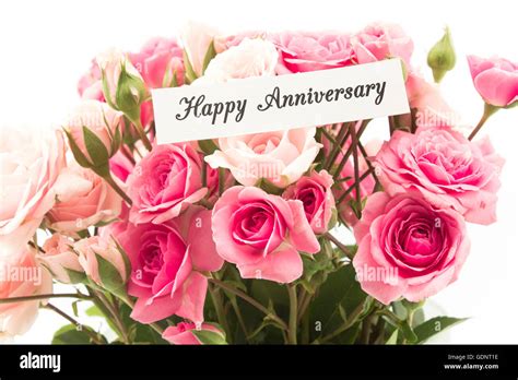 Happy Anniversary Card With Bouquet Of Pink Roses Stock Photo Alamy