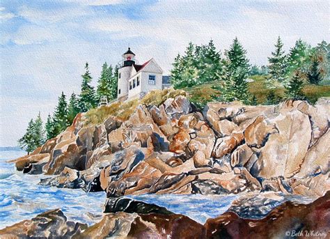 A Watercolor Painting Of A Lighthouse On A Rocky Shore With Trees In