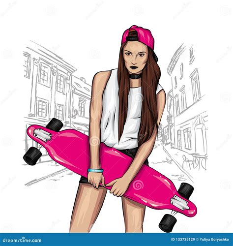 Pretty Girls With Skateboard Vector Illustration For A Postcard Or A