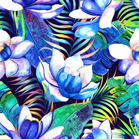 Watercolor Tropical Flowers Palm Leaves Seamless Pattern Dark