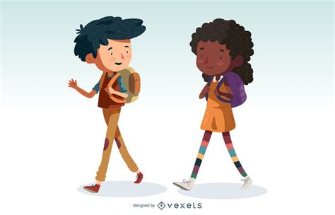 Niños Caminando Conjunto De Dibujos Animados Descargar Vector